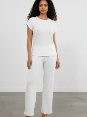 White Blouse Short Sleeve Crinkle Pantsuit